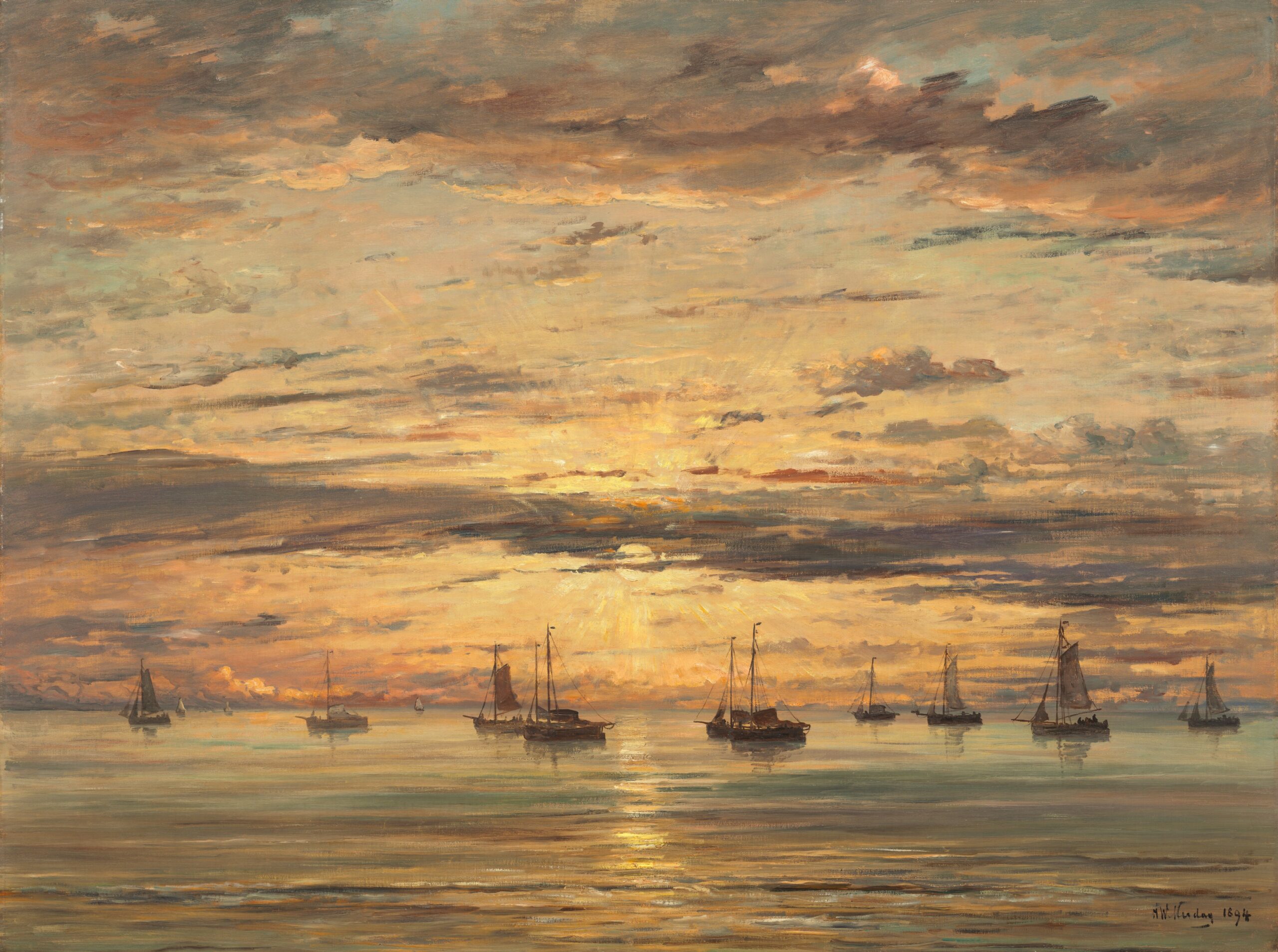 Sunset_at_Scheveningen_a_Fleet_of_Fishing_Vessels_at_Anchor_-_Hendrik_Willem_Mesdag_(1894)