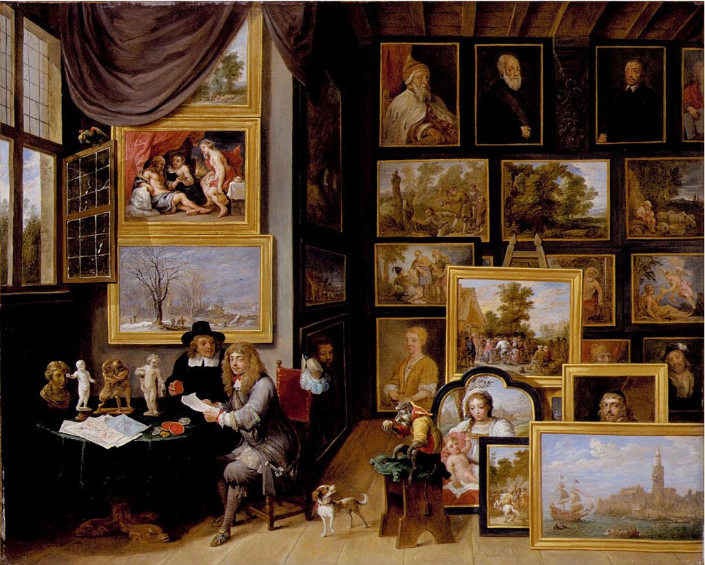 1024px-David_Teniers_II_-_A_picture_gallery_with_two_men_examining_a_seal_and_a_red_chalk_drawing,_and_a_monkey_present