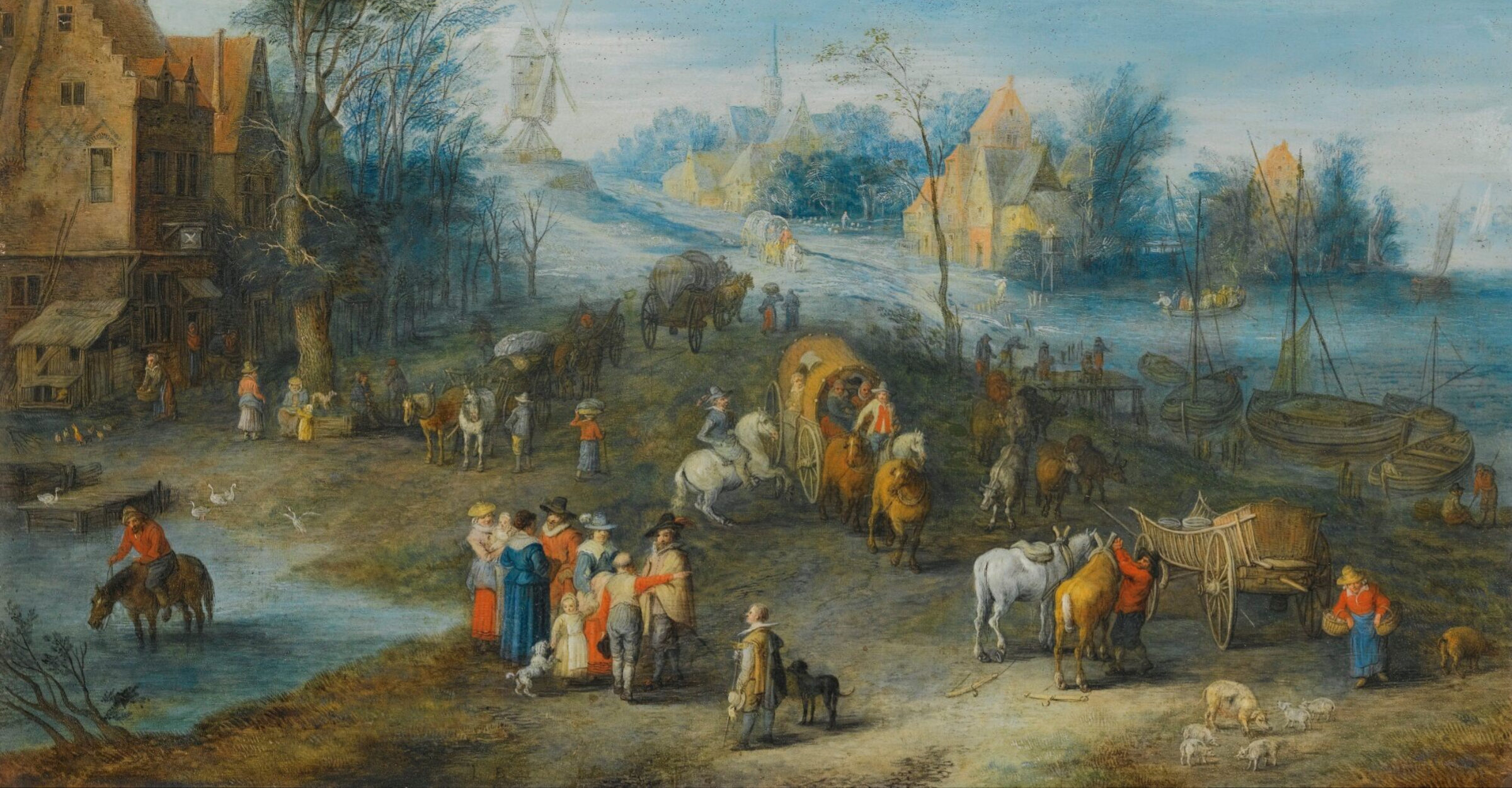 Joseph_van_Bredael_-_A_village_scene_on_the_banks_of_a_river